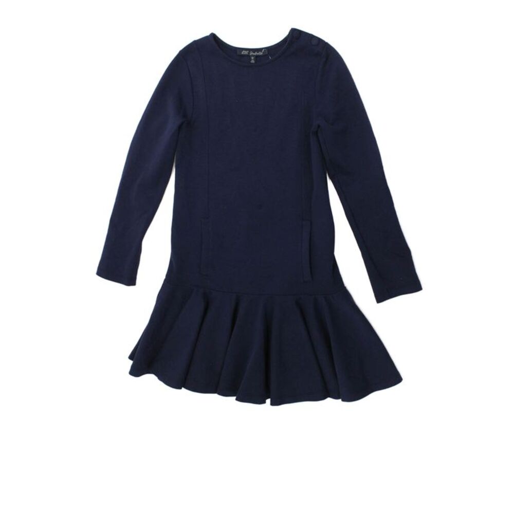 Lili Gaufrette Girls Cotton Round Neck Long Sleeve Peplum Hem Dress Navy Size 12